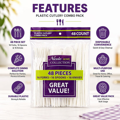 48 Count Plastic Cutlery Set – Forks, Spoons & Knives Disposable Cutlery product detail image