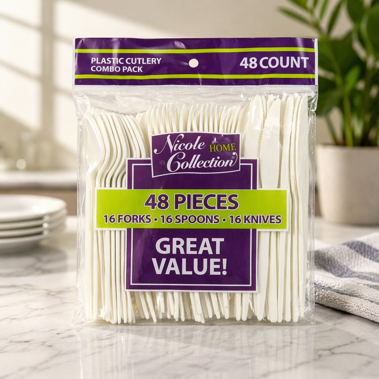 48 Count Plastic Cutlery Set – Forks, Spoons & Knives Disposable Cutlery lifestyle use image