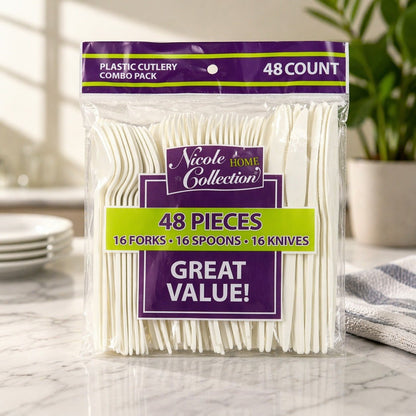 48 Count Plastic Cutlery Set – Forks, Spoons & Knives Disposable Cutlery lifestyle use image