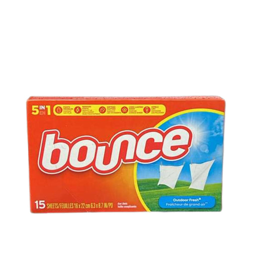 Box of Bounce dryer sheets with outdoor fresh scent on a white background