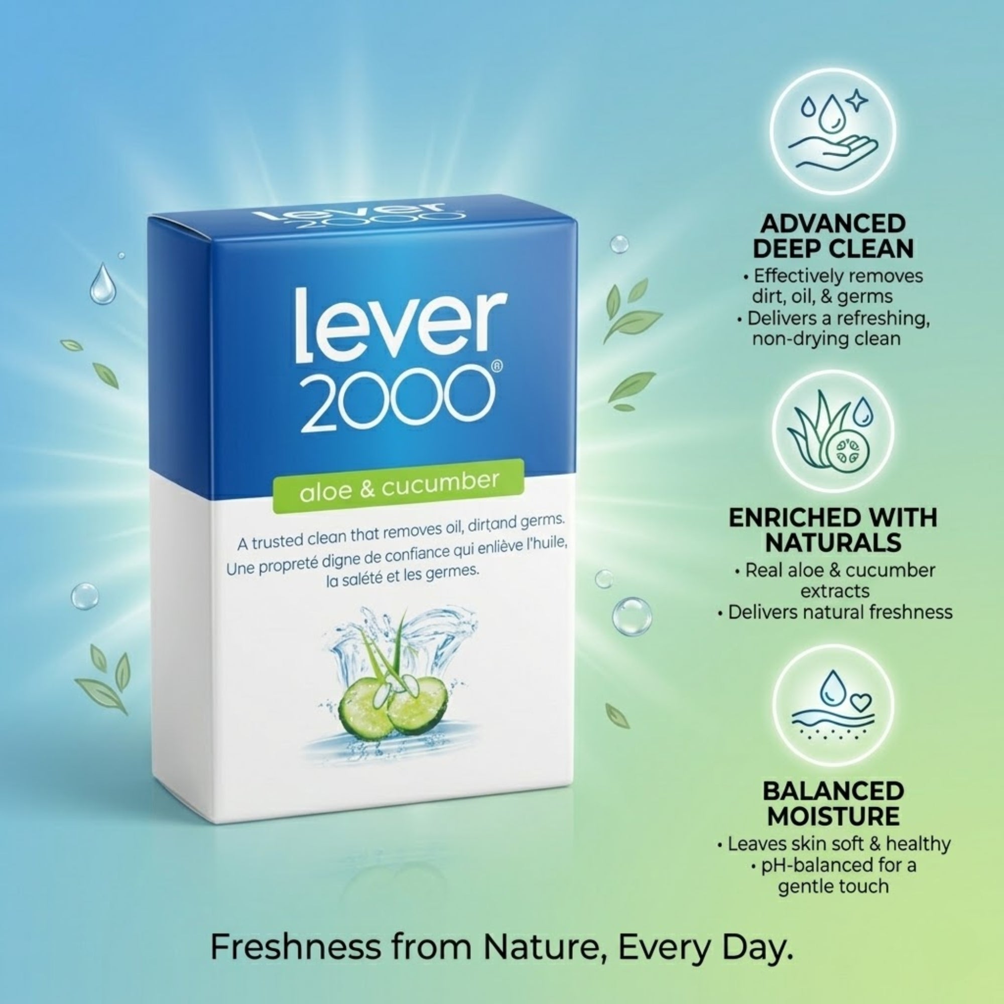3.75 oz Lever 2000 Aloe & Cucumber Refreshing Bar Soap Bath Soap size and feature image