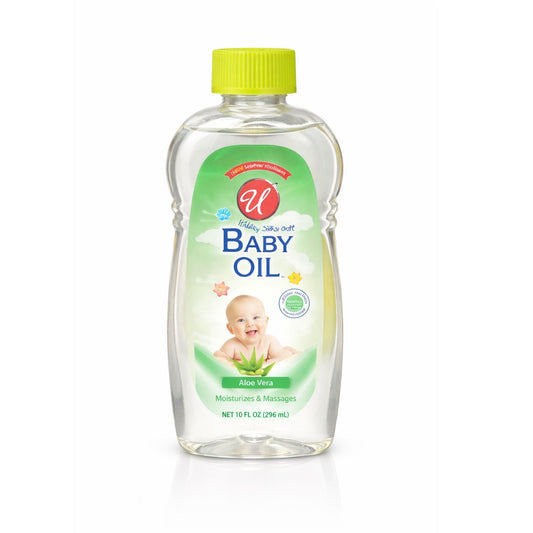 Bottle of baby oil with a green label on a white background
