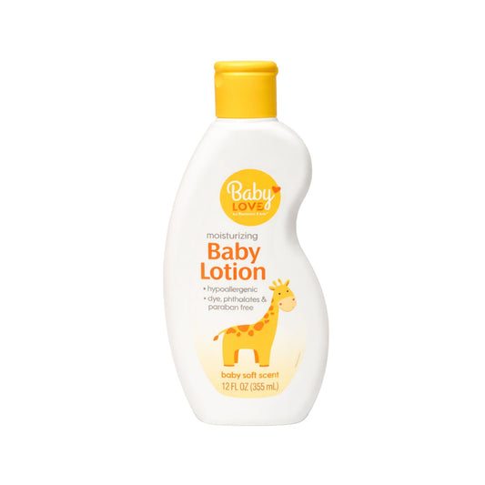 Baby lotion bottle with yellow cap and giraffe illustration on a white background