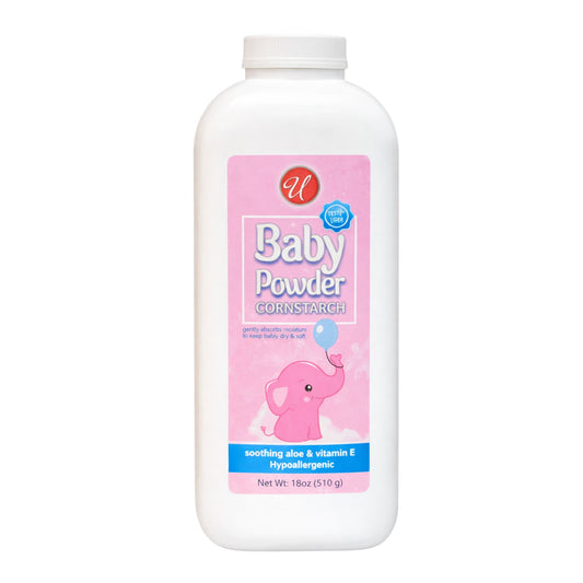 Baby powder container with pink label on a white background