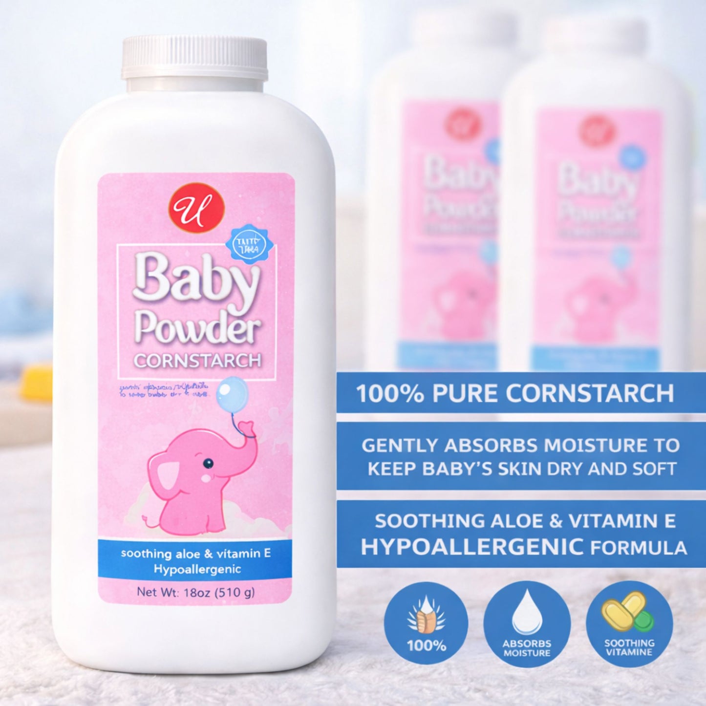 18oz Baby Powder Cornstarch Aloe Vitamin E Hypoallergenic Gentle Care for Baby Body Powder product detail image