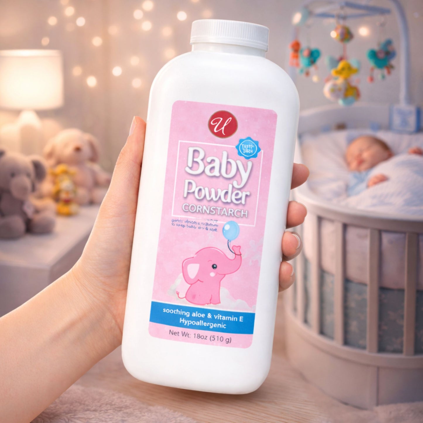 18oz Baby Powder Cornstarch Aloe Vitamin E Hypoallergenic Gentle Care for Baby Body Powder size and feature image