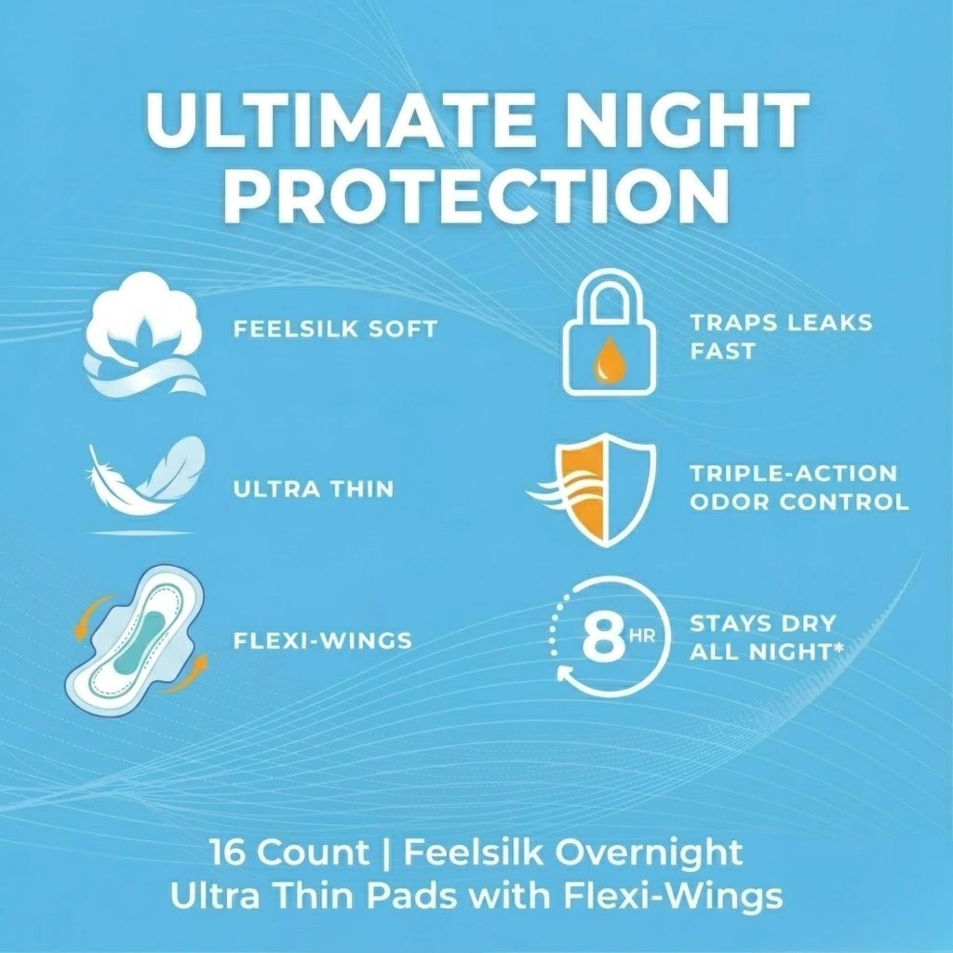 16 Count Feelsilk Overnight Ultra Thin Pads with Flexi Wings product detail image
