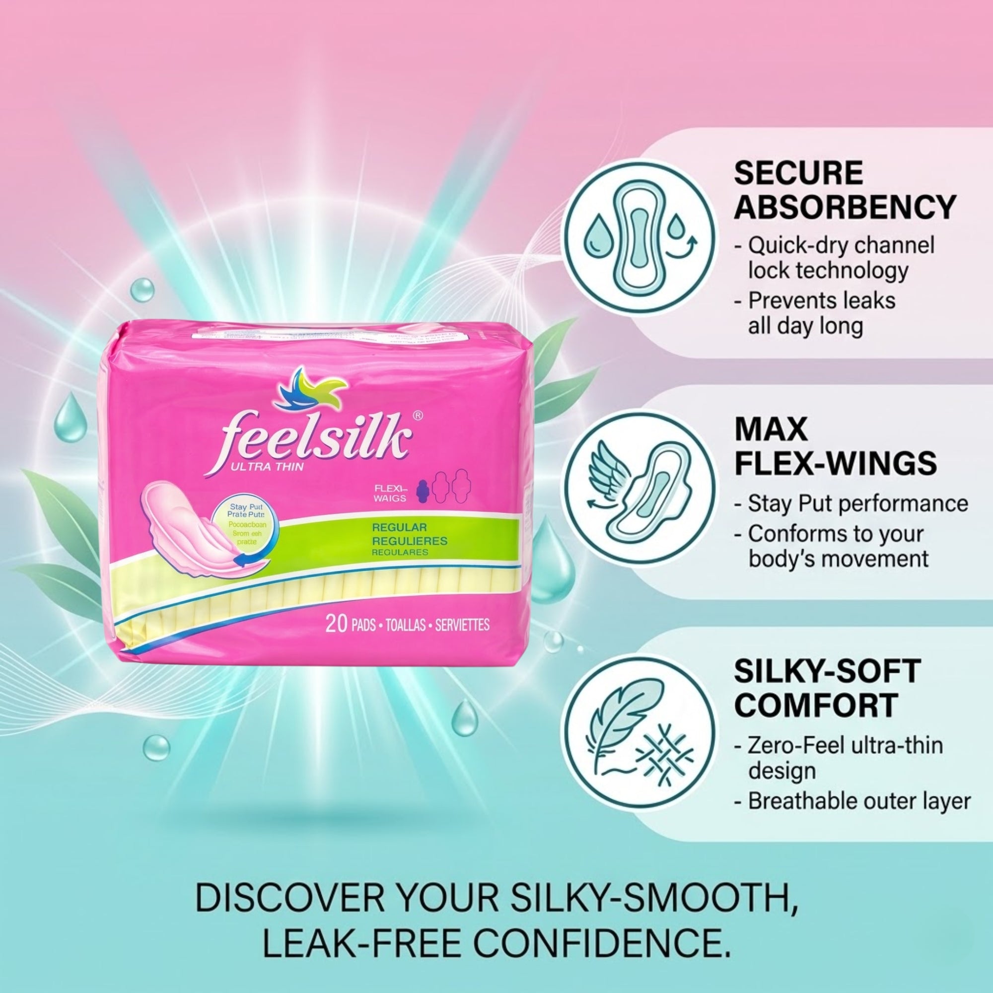 20 Count Feelsilk Ultra Thin Regular Sanitary Pads Hygiene size and feature image