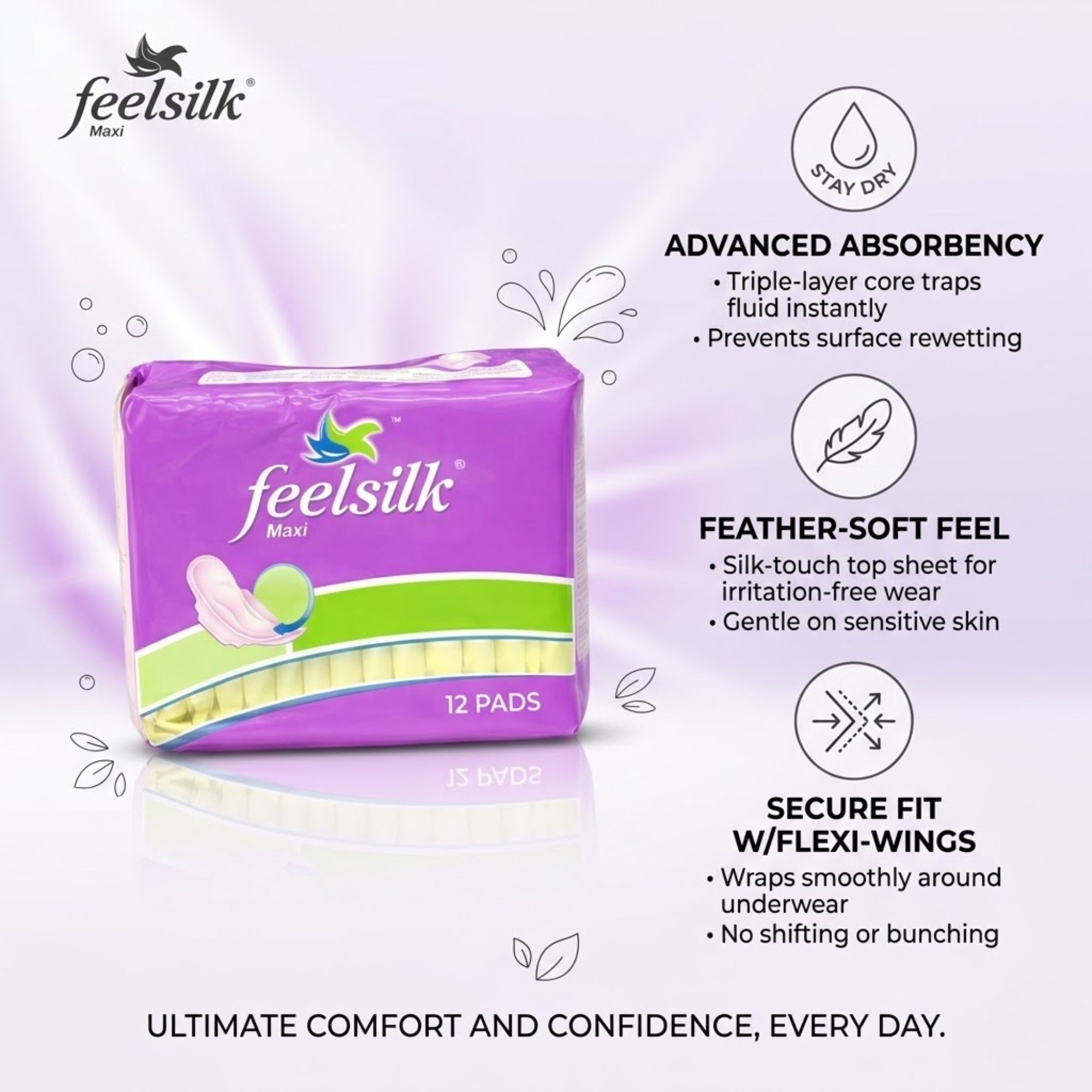 12 Count Feelsilk Maxi Pads Regular Flow With Wings Hygiene size and feature image