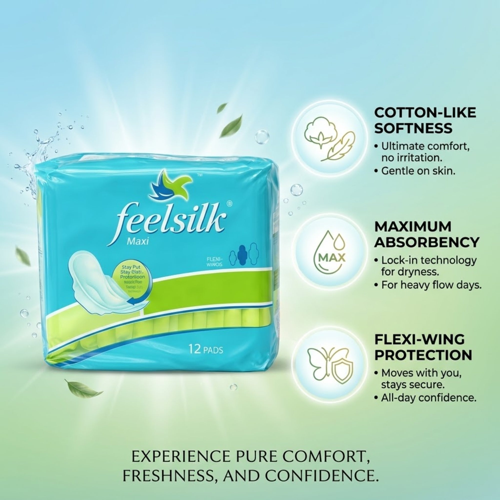 12 Count Feelsilk Maxi Pads with Flexi Wings Super Long Absorbency Hygiene size and feature image