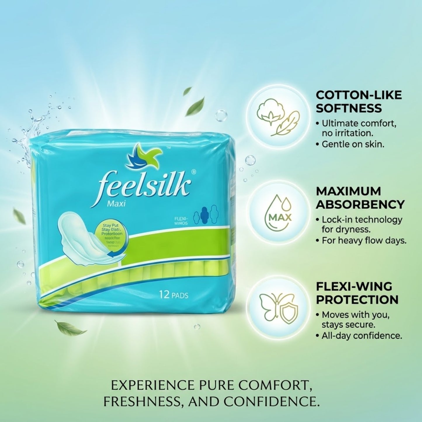 12 Count Feelsilk Maxi Pads with Flexi Wings Super Long Absorbency Hygiene size and feature image