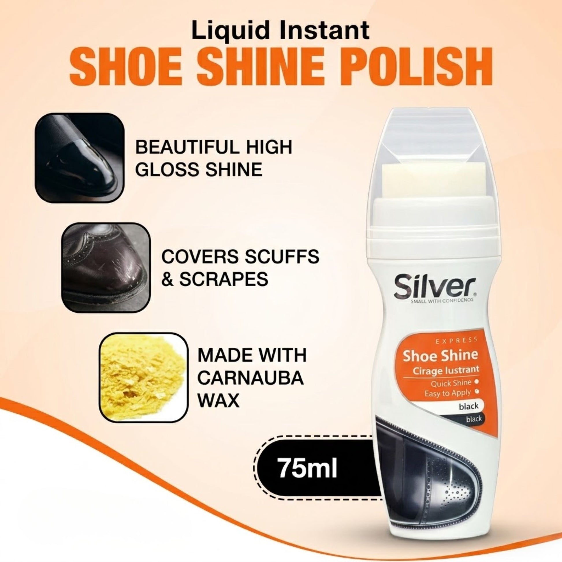 Silver Express Shoe Polish Black Liquid 75mL Color Restoring Shine
