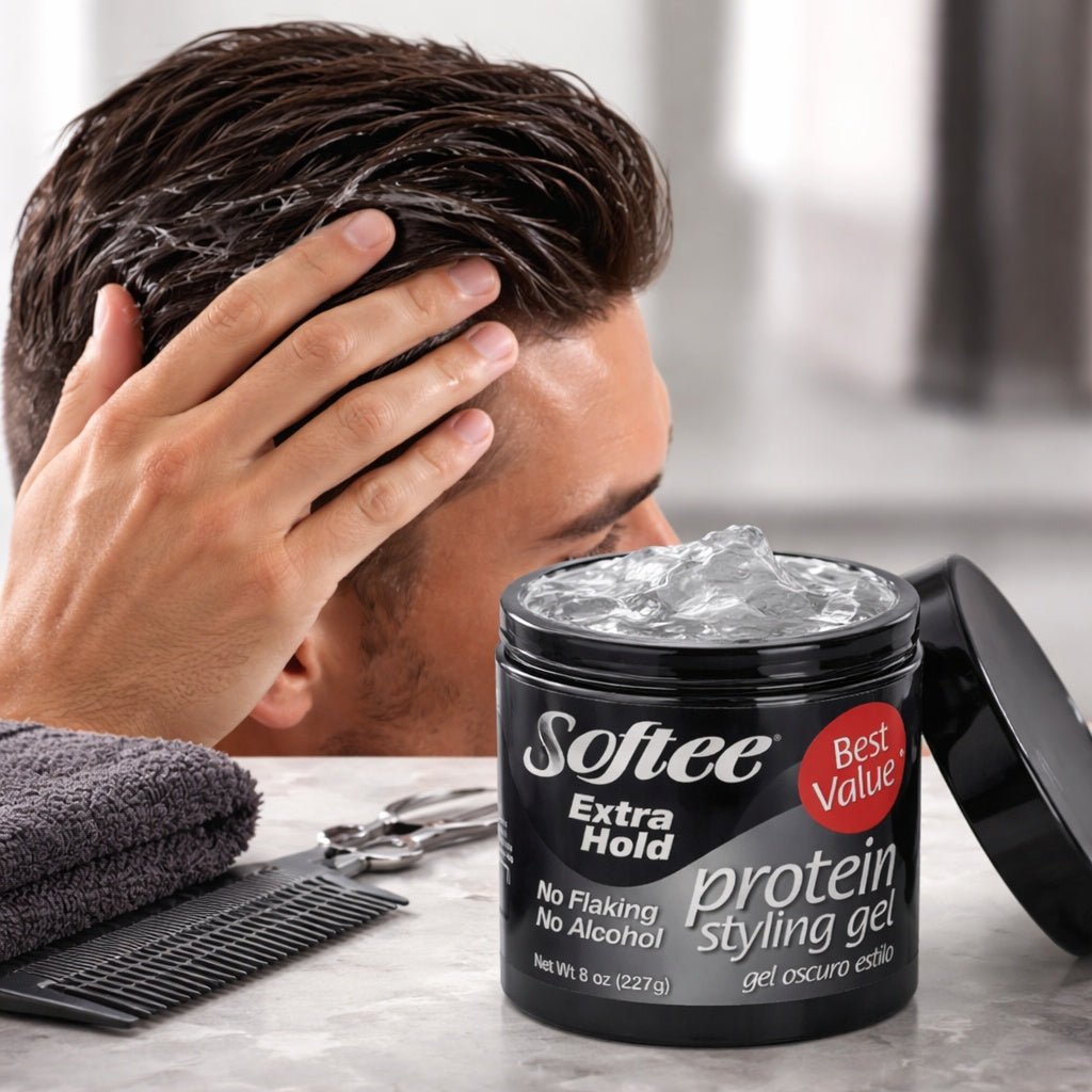 Person applying protein styling gel to hair with a jar of Softee protein styling gel on a table.