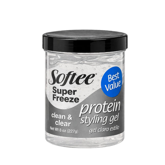 Jar of Softee Super Freeze protein styling gel on a white background
