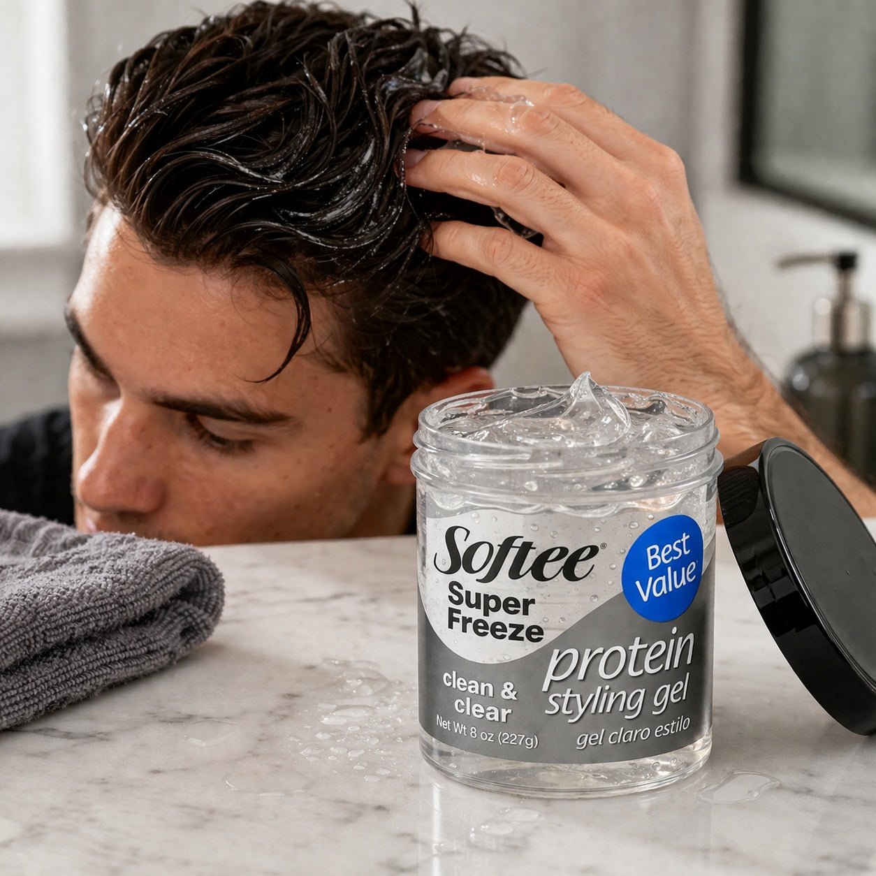 8 oz Softee Super Freeze Styling Gel – Clean & Clear size and feature image