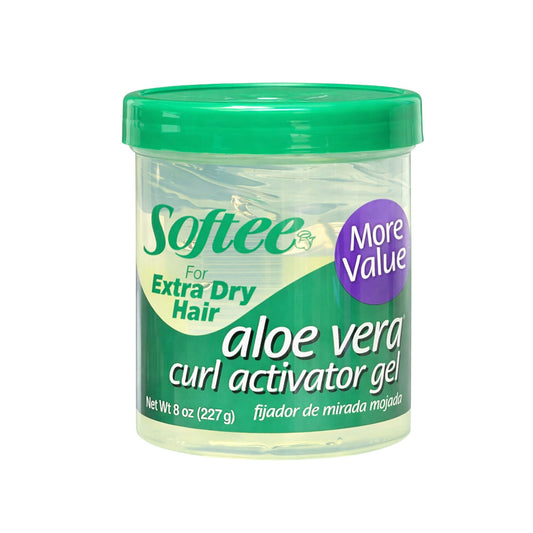Softee aloe vera curl activator gel jar with green lid on a white background