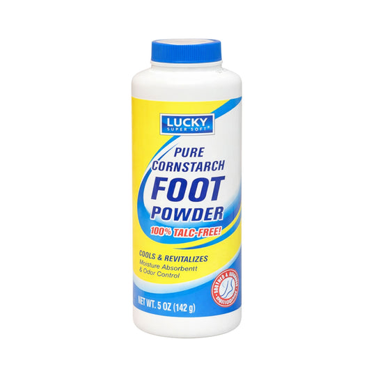 Lucky brand cornstarch foot powder container on a white background