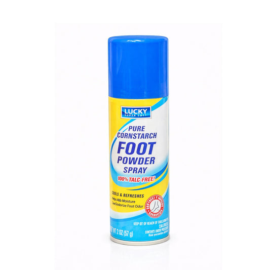 Lucky brand cornstarch foot powder spray can on a white background
