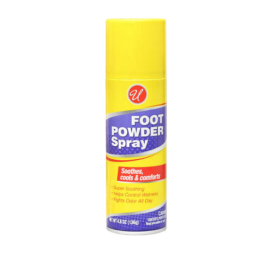 Foot powder spray can with yellow and purple label on a white background