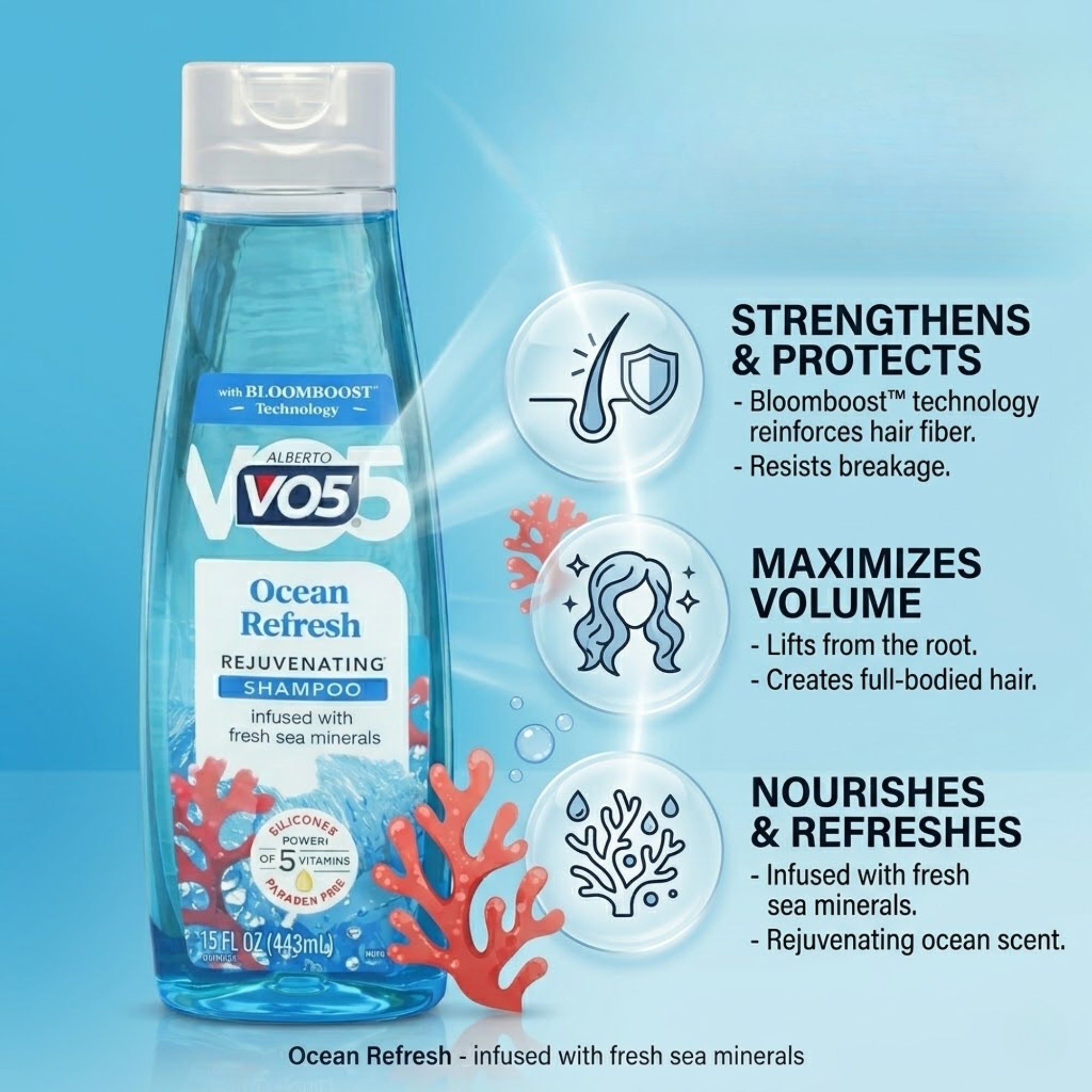 15 oz Alberto VO5 Ocean Refresh Rejuvenating Shampoo with Sea Minerals size and feature image