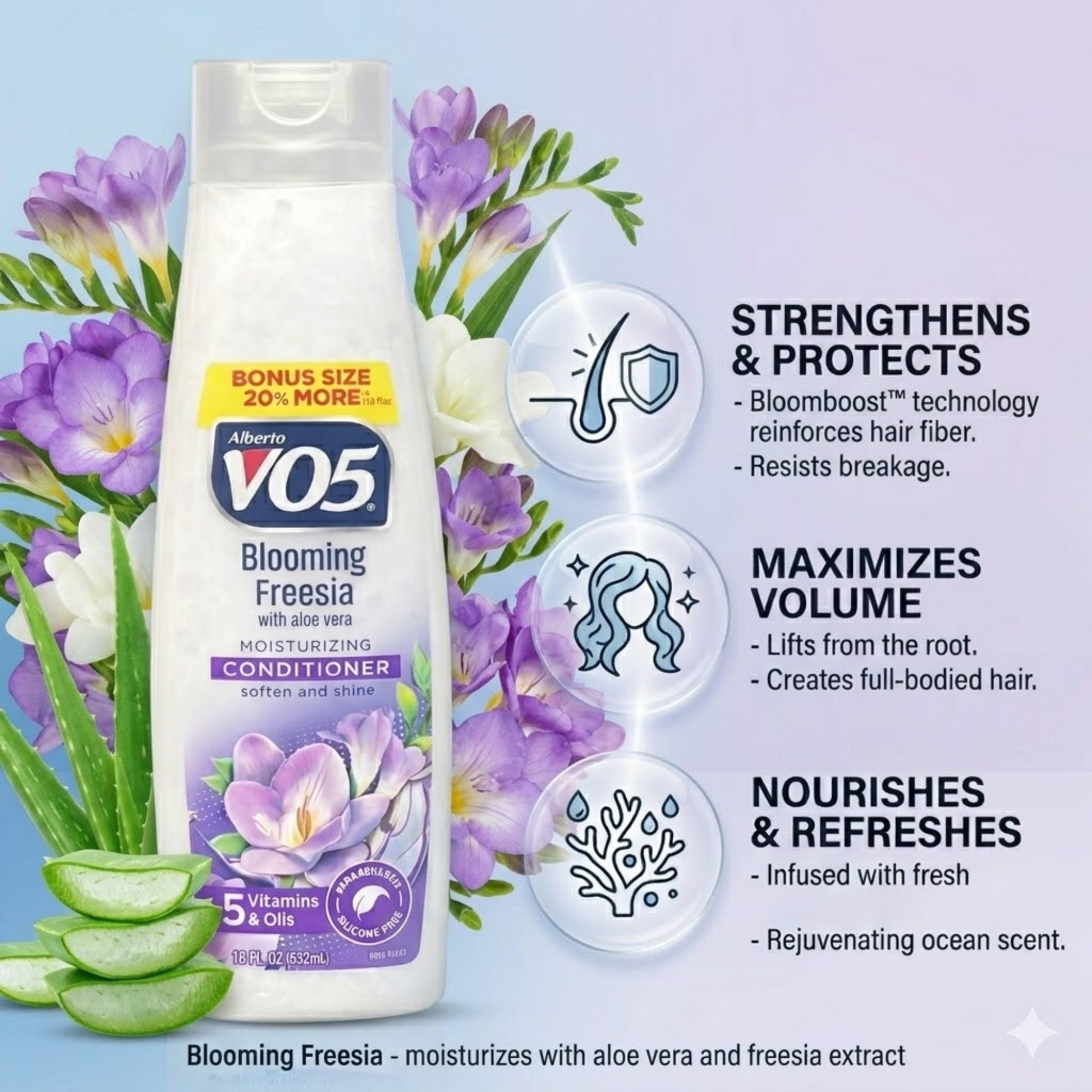 18 oz Alberto VO5 Blooming Freesia Moisturizing Conditioner Shampoo size and feature image