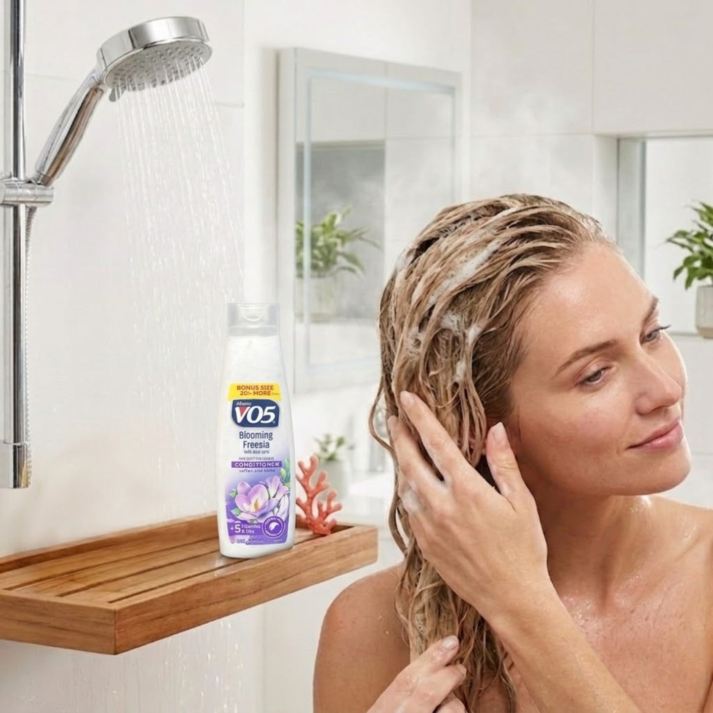 18 oz Alberto VO5 Blooming Freesia Moisturizing Conditioner Shampoo lifestyle use image