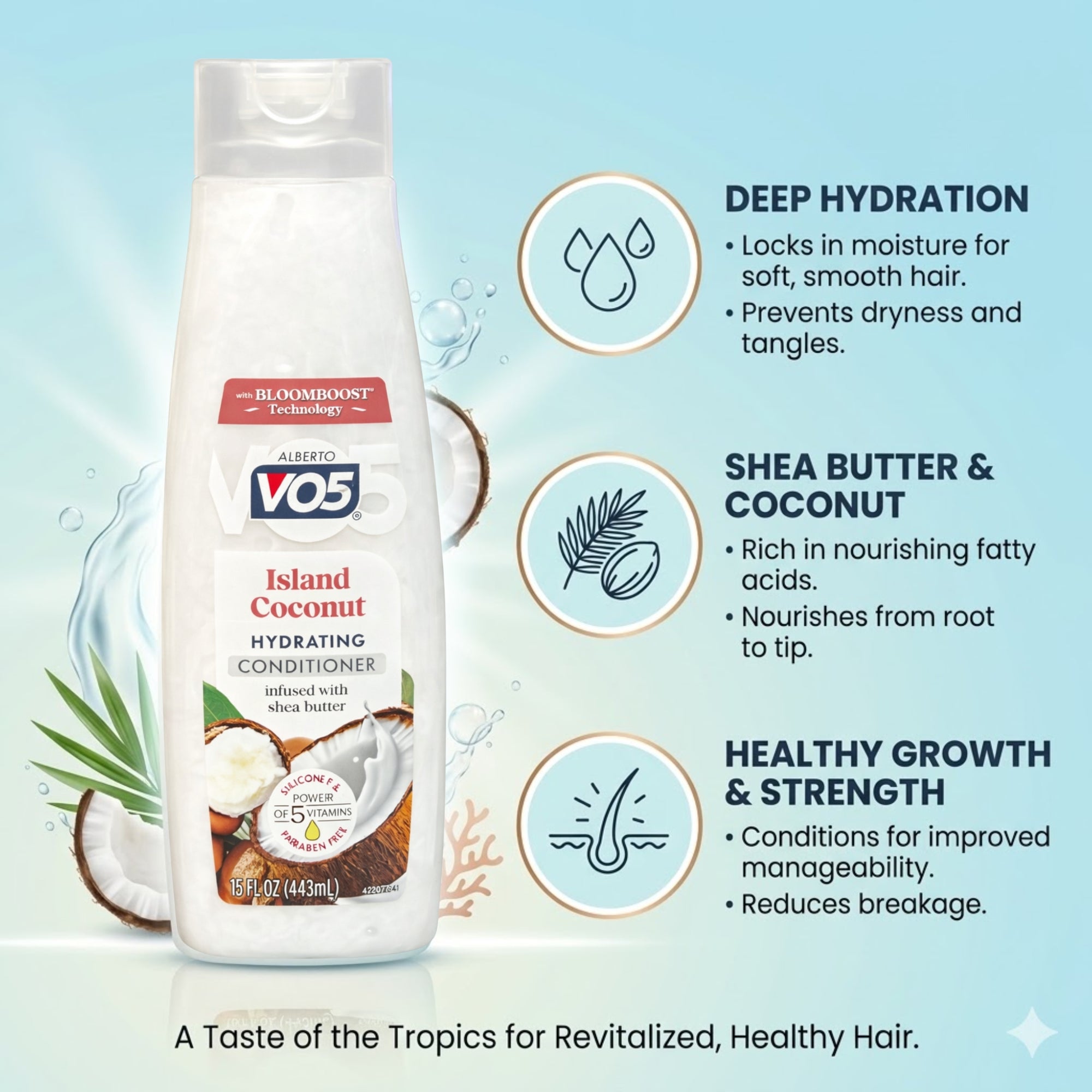 15 oz VO5 Alberto Island Coconut Hydrating Conditioner Shampoo size and feature image