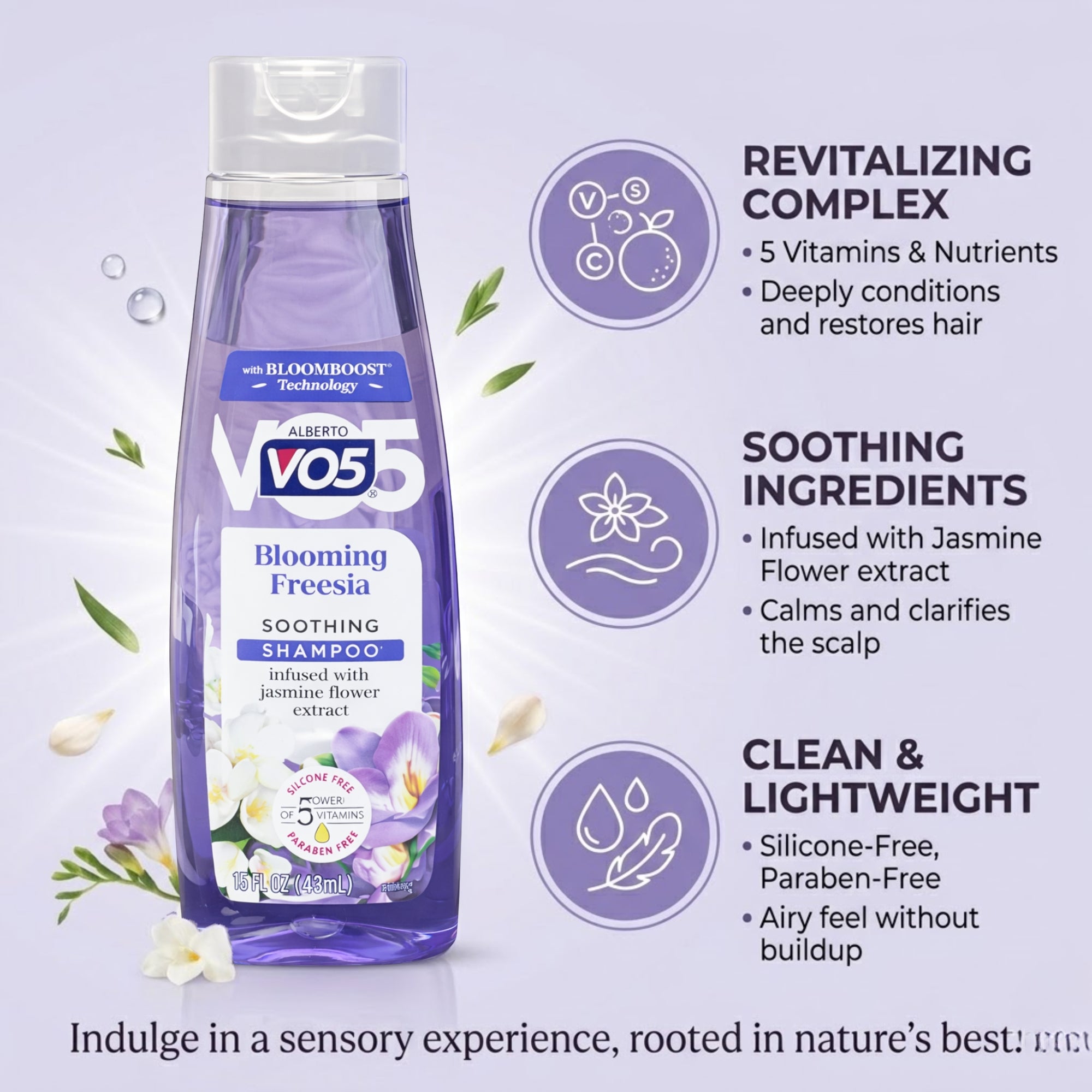 15 oz Alberto VO5 Blooming Freesia Soothing Shampoo size and feature image