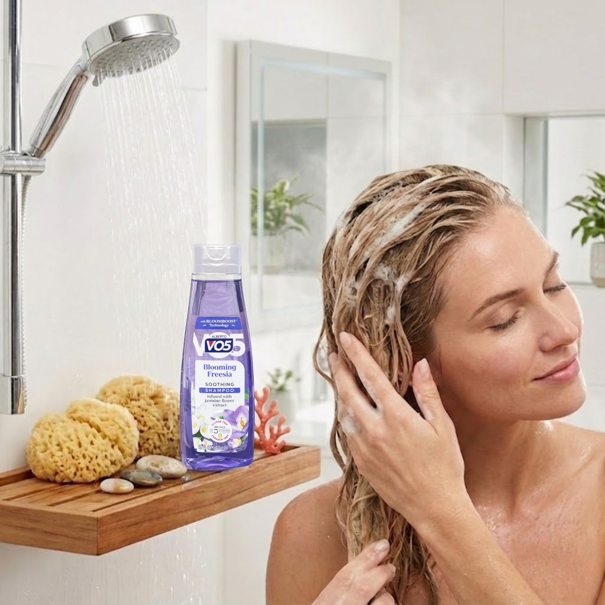 15 oz Alberto VO5 Blooming Freesia Soothing Shampoo lifestyle use image