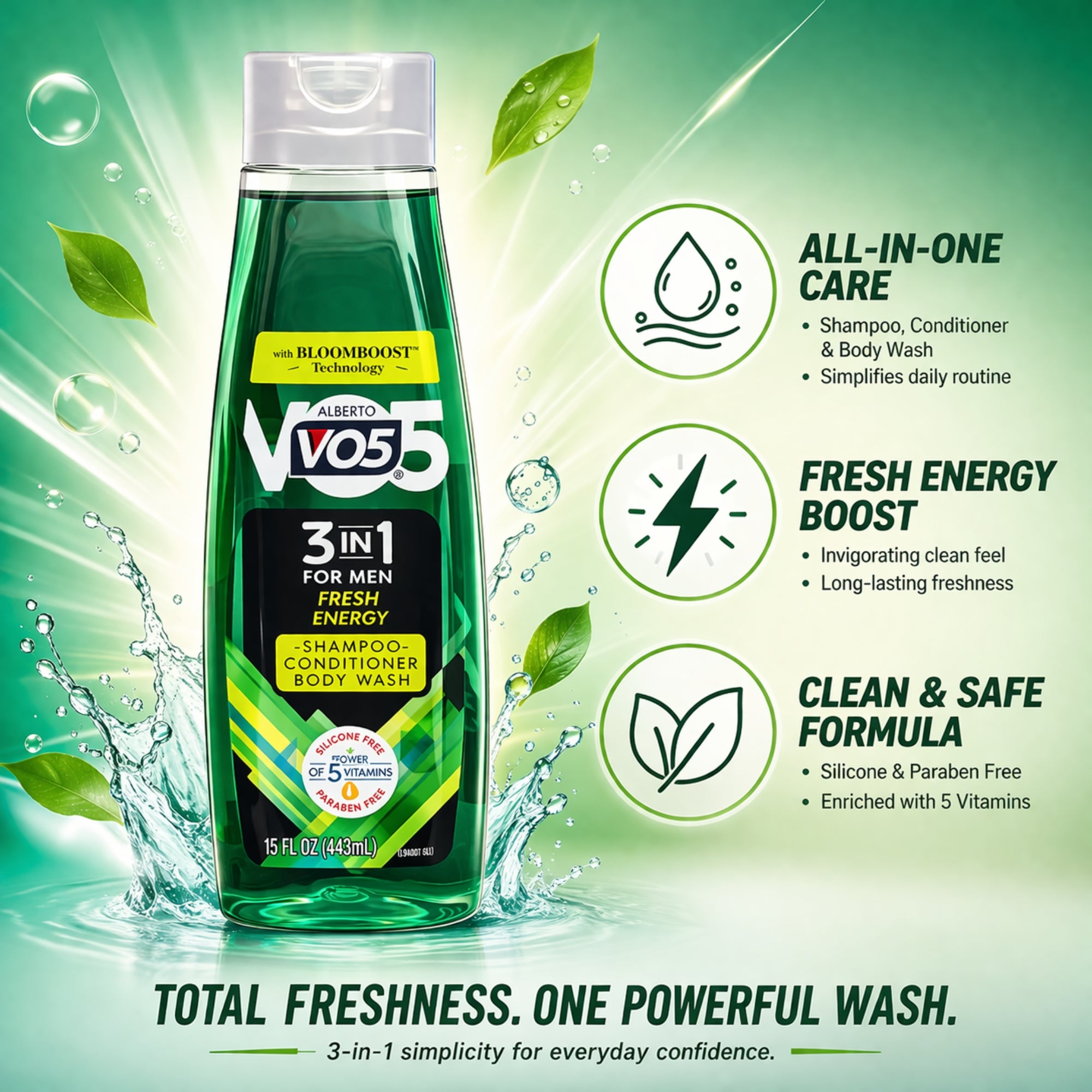 15 oz Alberto VO5 Men 3 in 1 Fresh Energy Shampoo & Body Wash size and feature image
