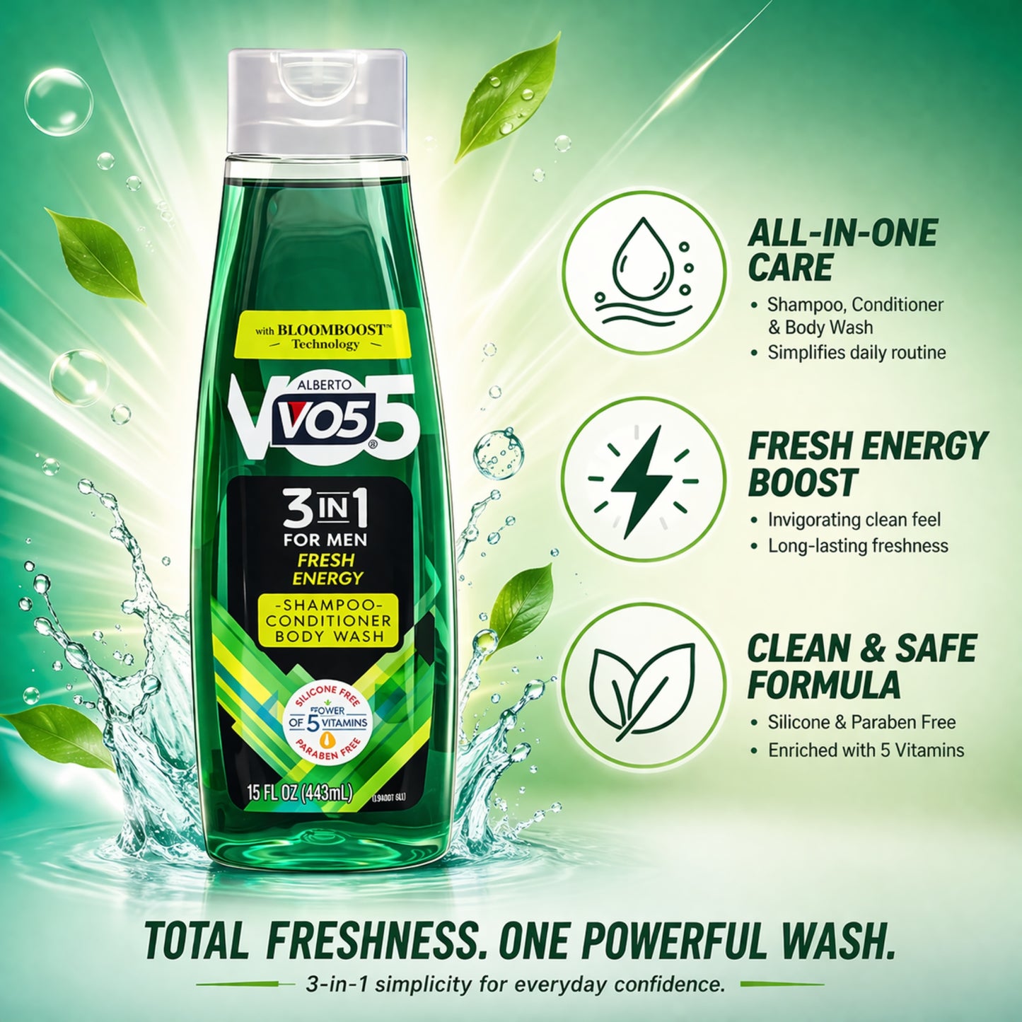 15 oz Alberto VO5 Men 3 in 1 Fresh Energy Shampoo & Body Wash size and feature image
