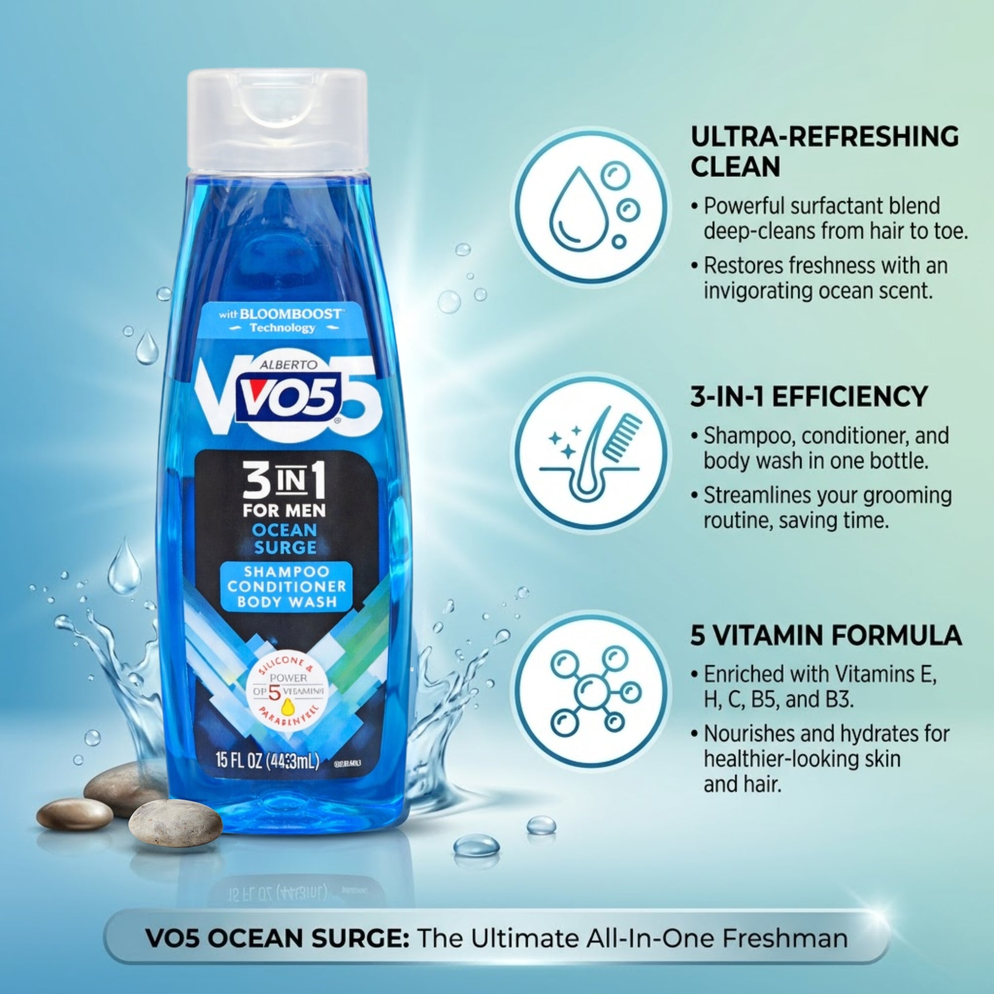 15 oz Alberto VO5 3 in 1 Men Ocean Surge Shampoo Body Wash size and feature image
