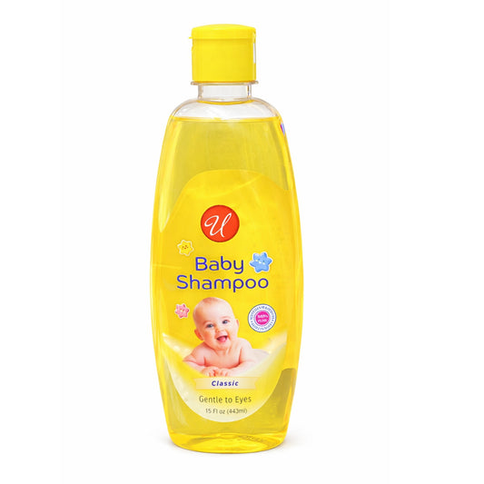 Yellow bottle of baby shampoo with a baby illustration on a white background