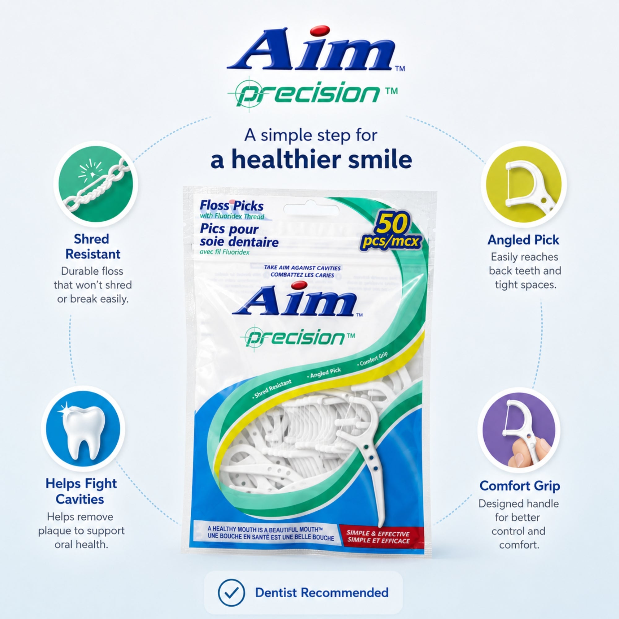50PCS Precision Dental Floss Picks by Aim