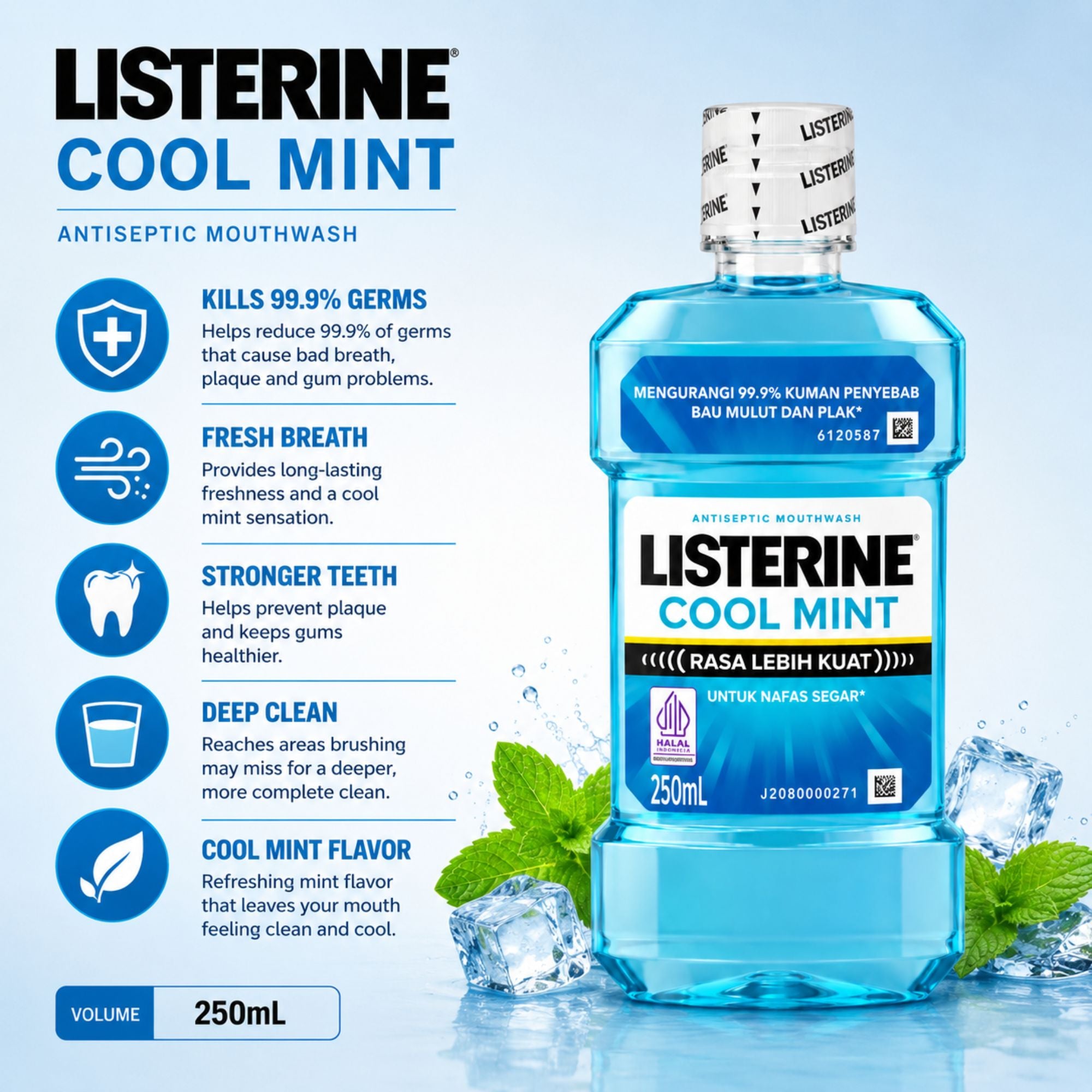 Listerine Cool Mint Mouthwash 250ml Antiseptic Oral Rinse