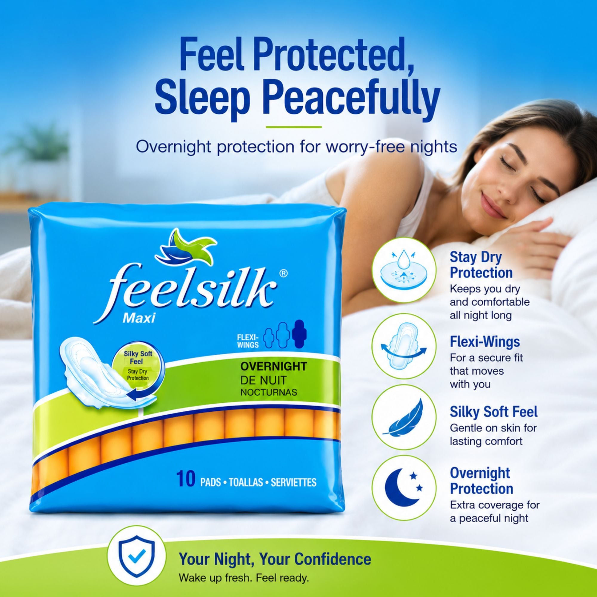 Feelsilk Maxi Overnight Pads with Flexi Wings 10 Count Overnight Comfort