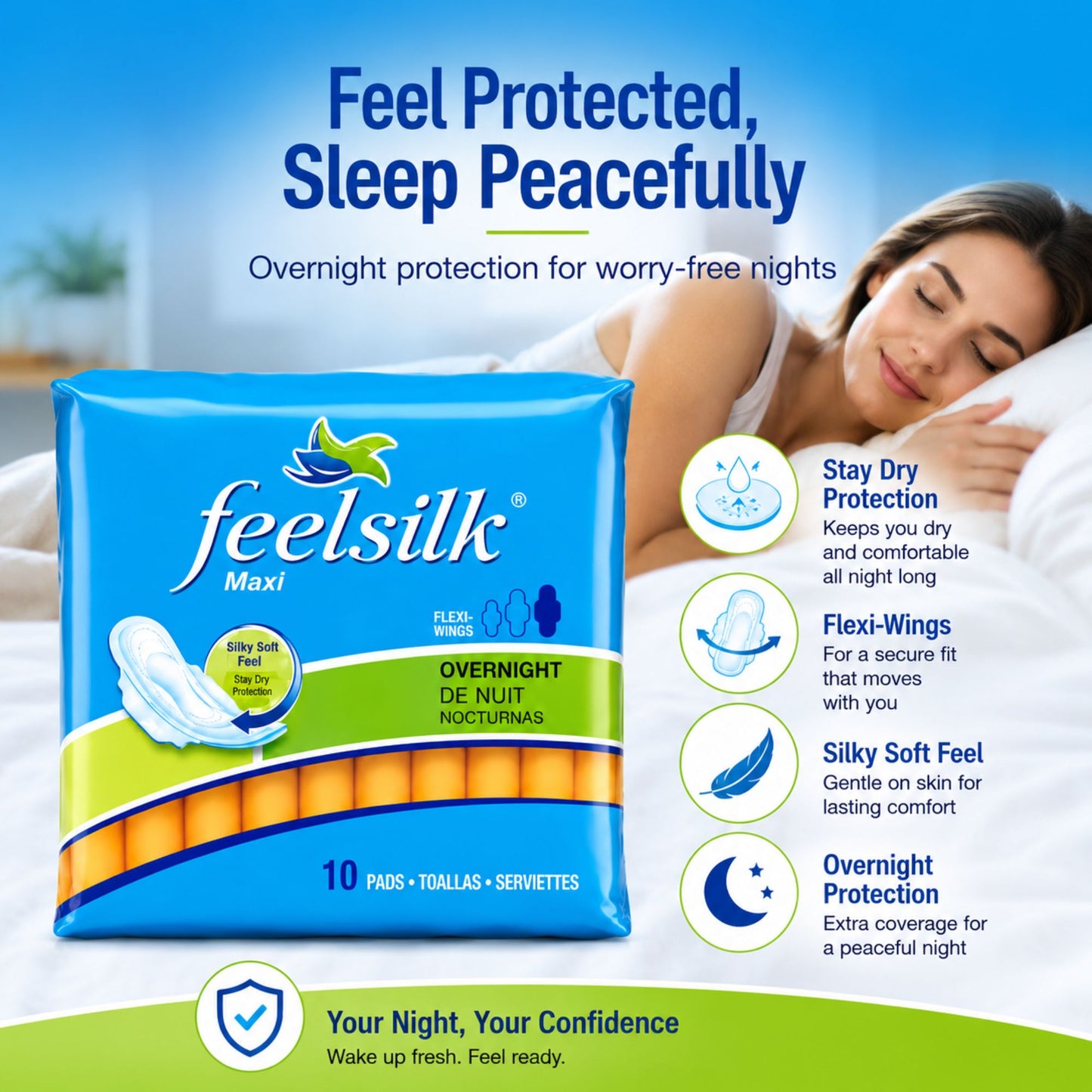 Feelsilk Maxi Overnight Pads with Flexi Wings 10 Count Overnight Comfort