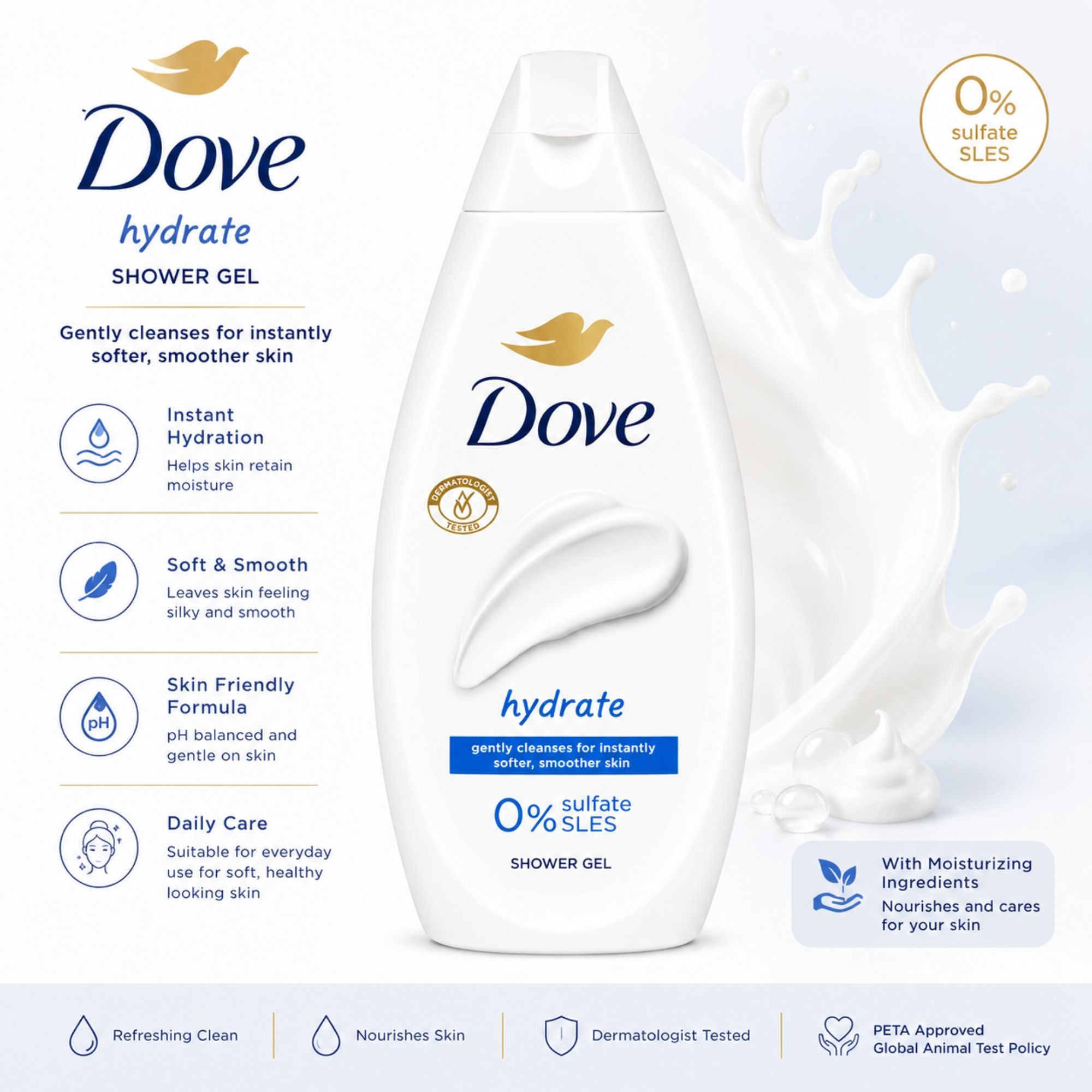Dove Hydrate shower gel body wash with 0 percent sulfate SLES formula