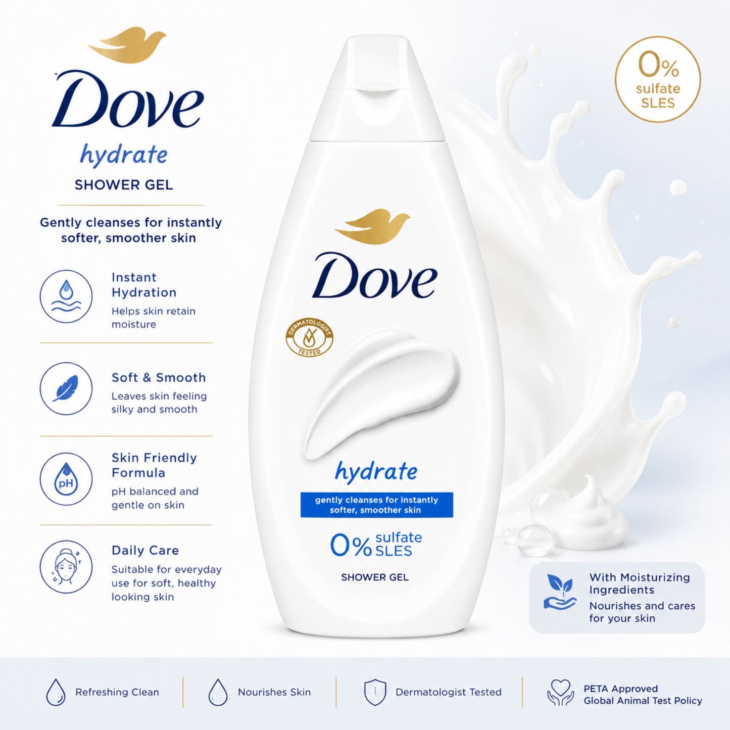 Dove Hydrate shower gel body wash with 0 percent sulfate SLES formula