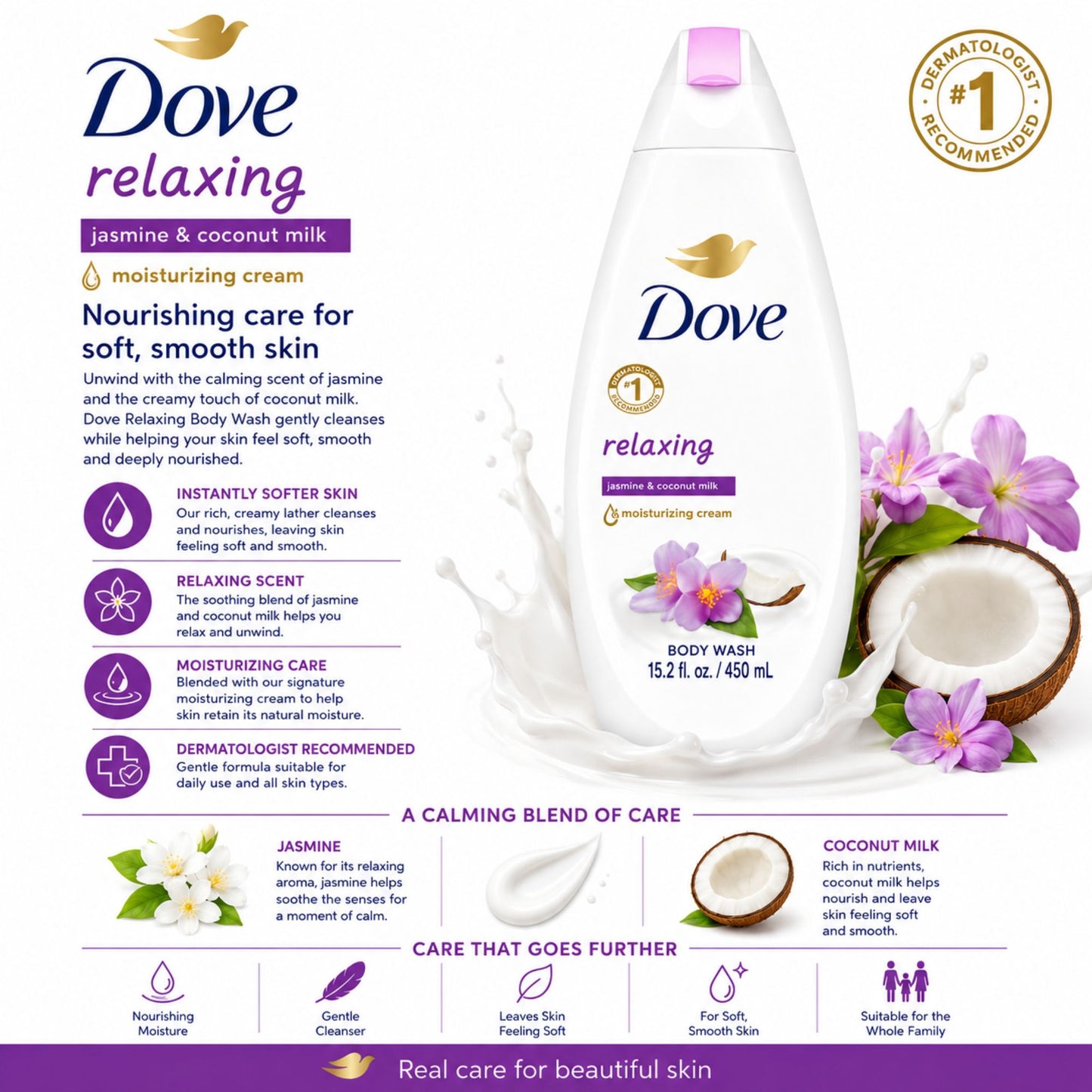Dove Relaxing jasmine and coconut milk moisturizing body wash 15.2 fl oz