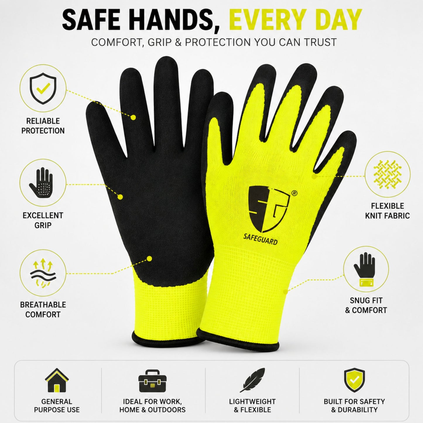 Heavy Duty Safety Work Gloves with Latex Grip for Large Hands