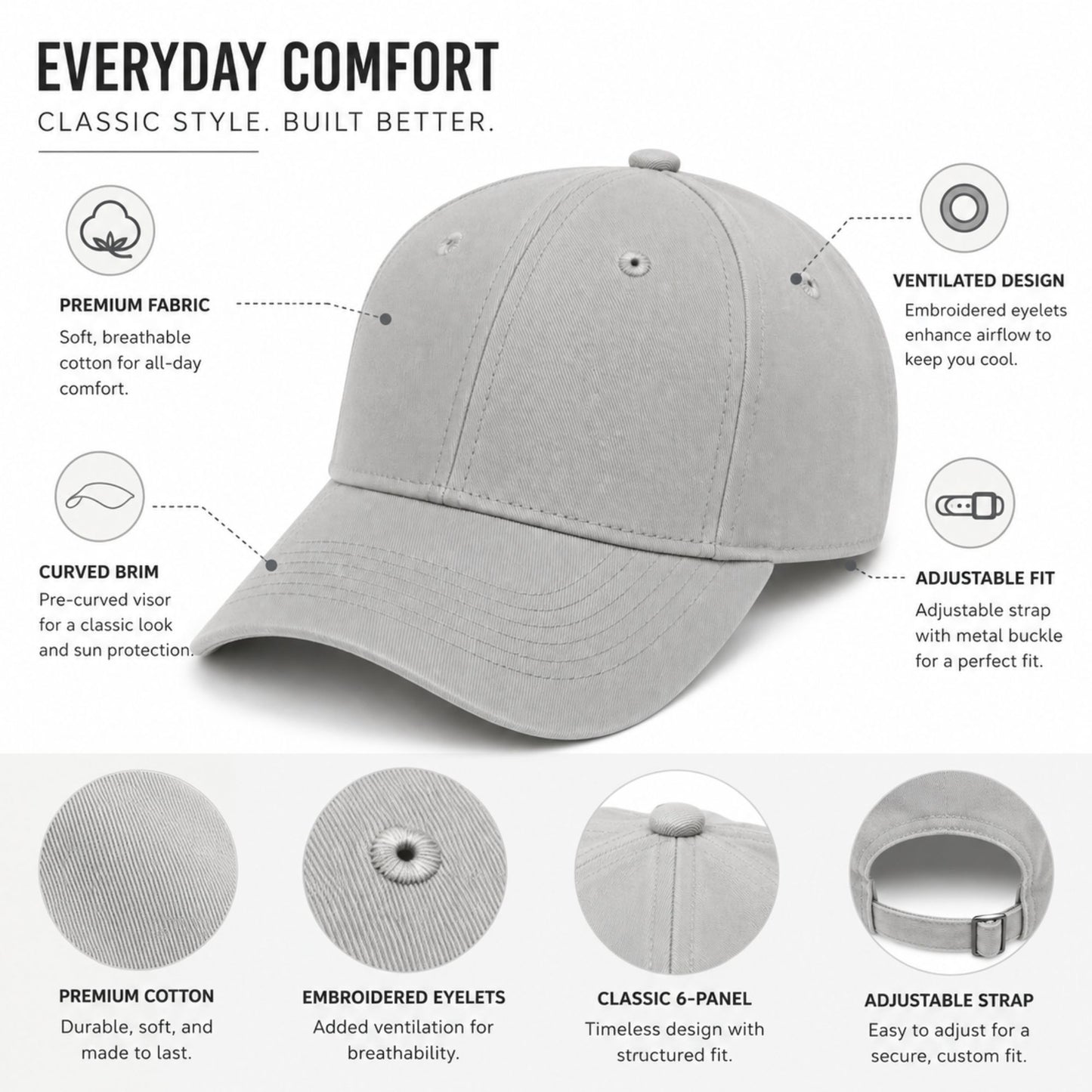 Unisex Classic Cotton Baseball Cap with Adjustable Strap