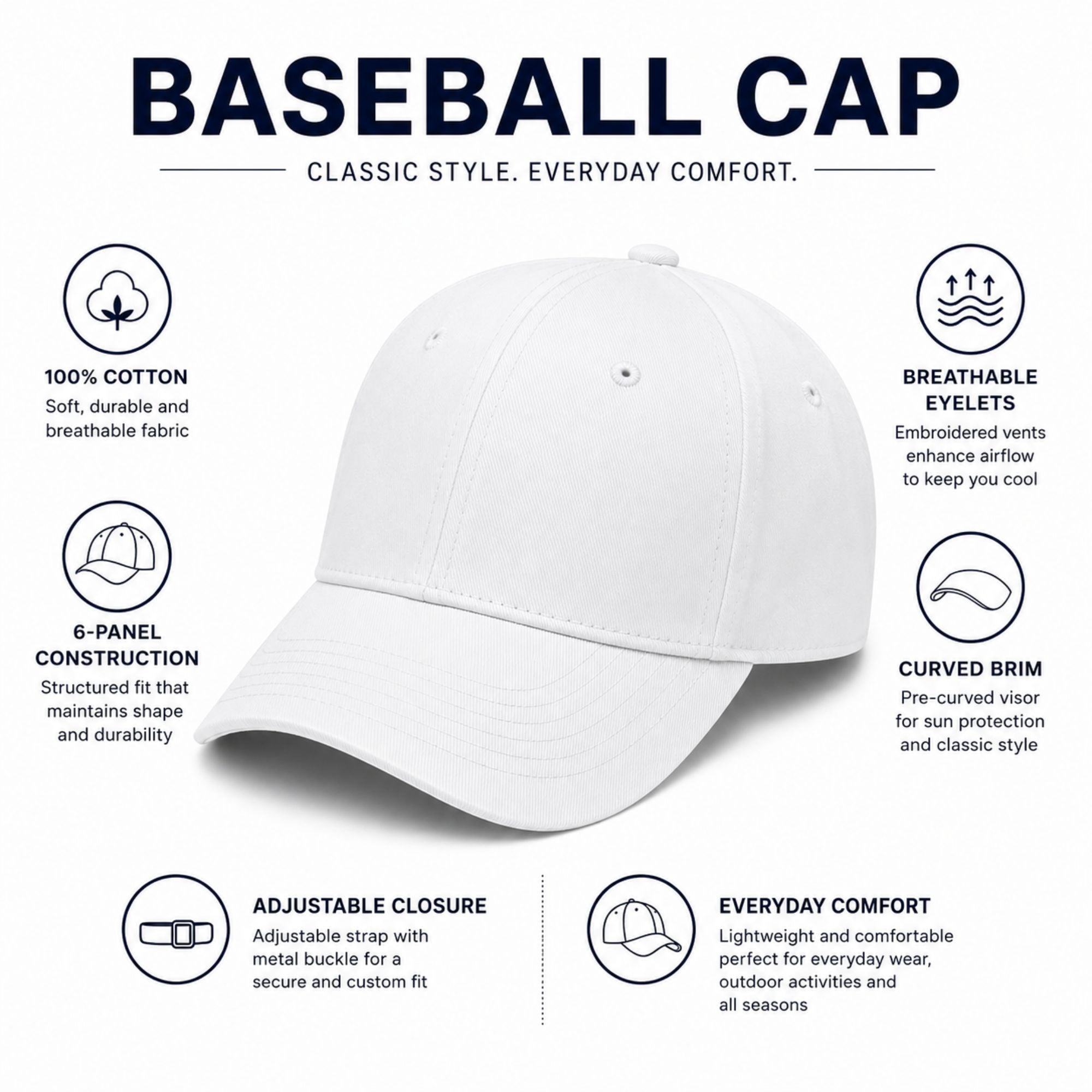 Unisex Adjustable Cotton Baseball Cap with Curved Brim