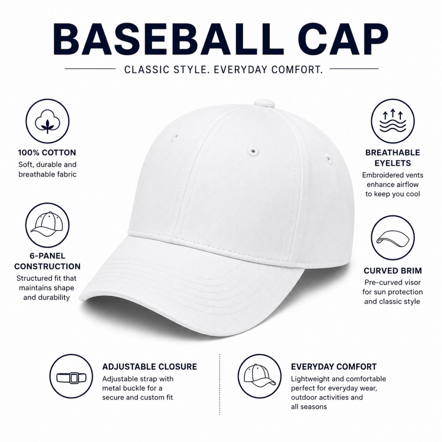 Unisex Adjustable Cotton Baseball Cap with Curved Brim