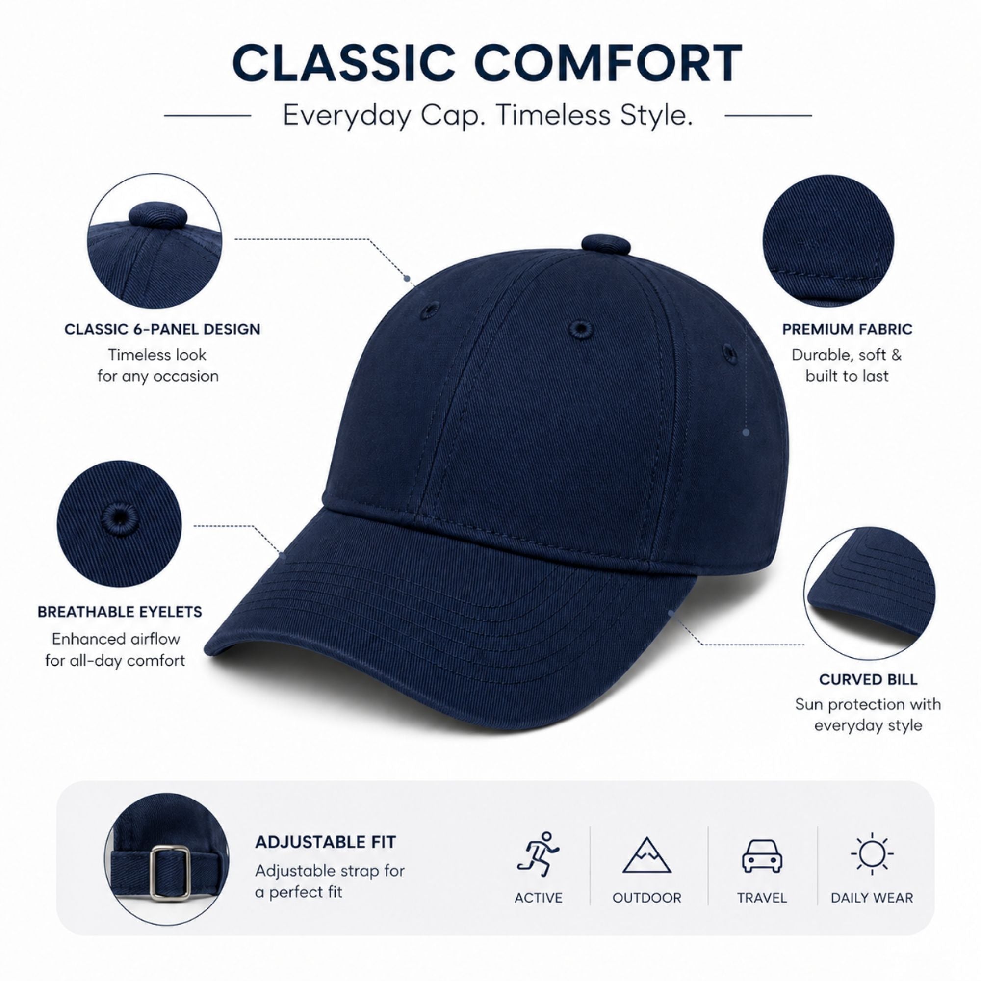 Unisex Classic Cotton Baseball Cap with Adjustable Strap