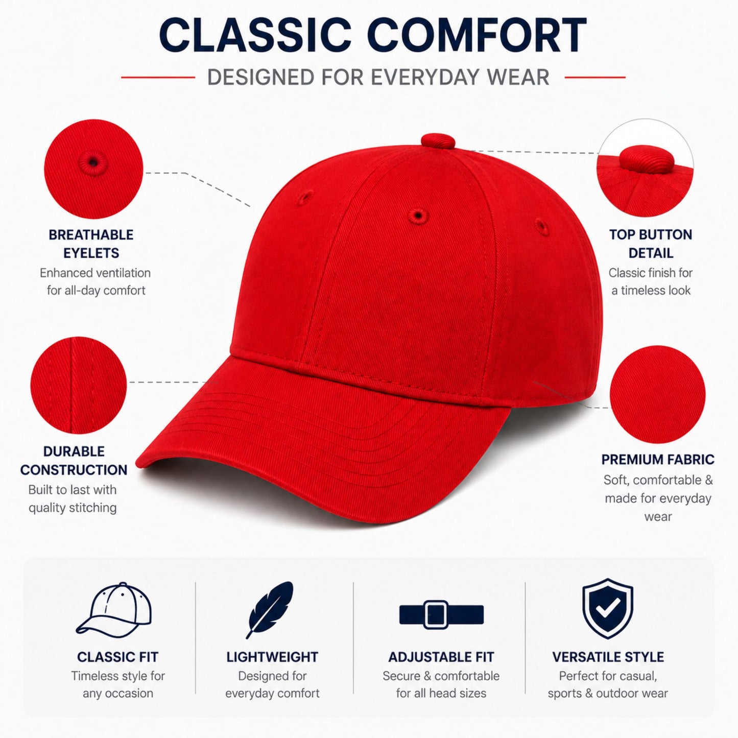 Unisex Classic Cotton Baseball Cap with Adjustable Strap