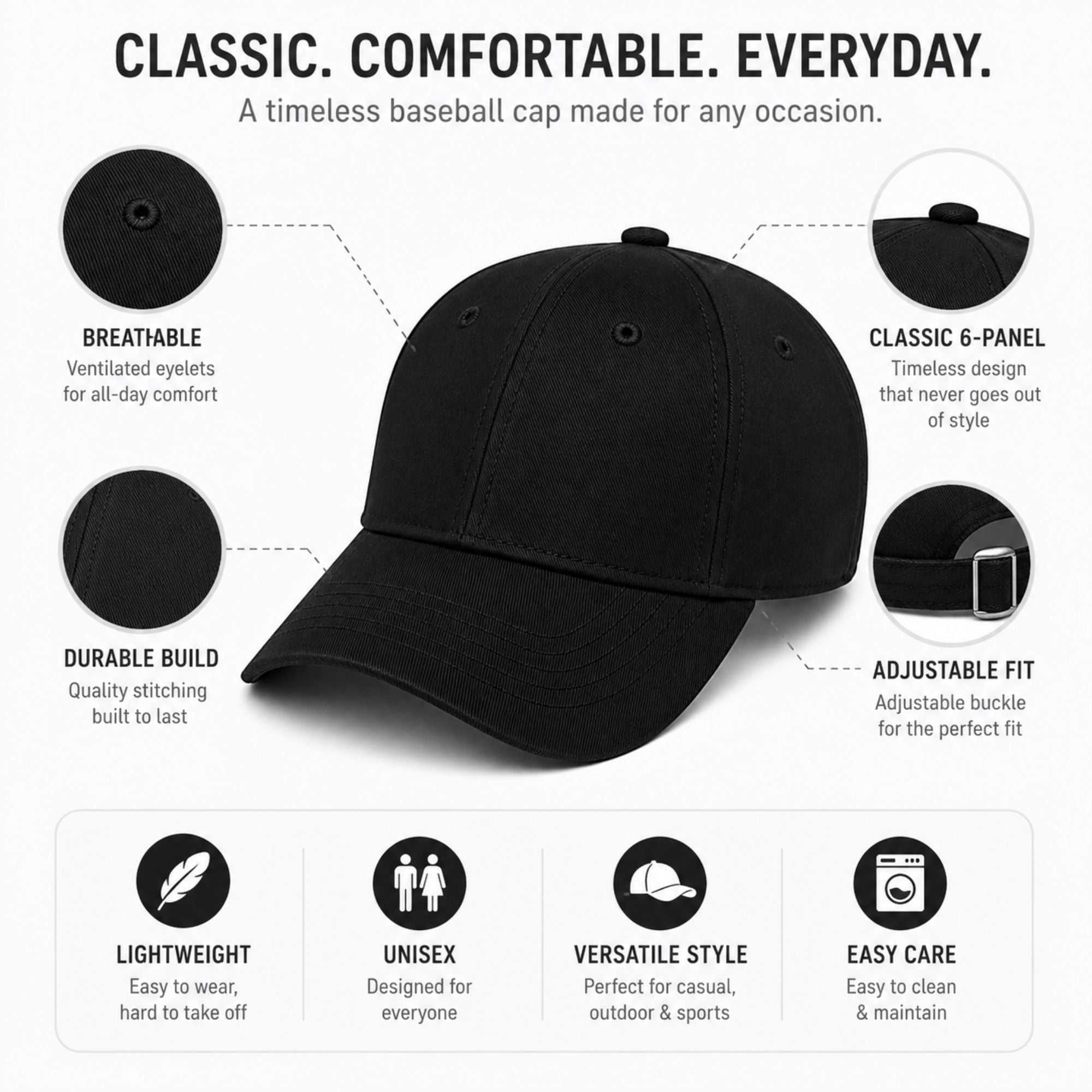 Unisex Classic Cotton Baseball Cap with Adjustable Strap