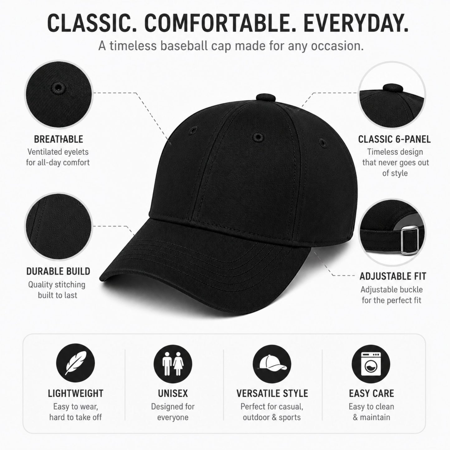 Unisex Classic Cotton Baseball Cap with Adjustable Strap