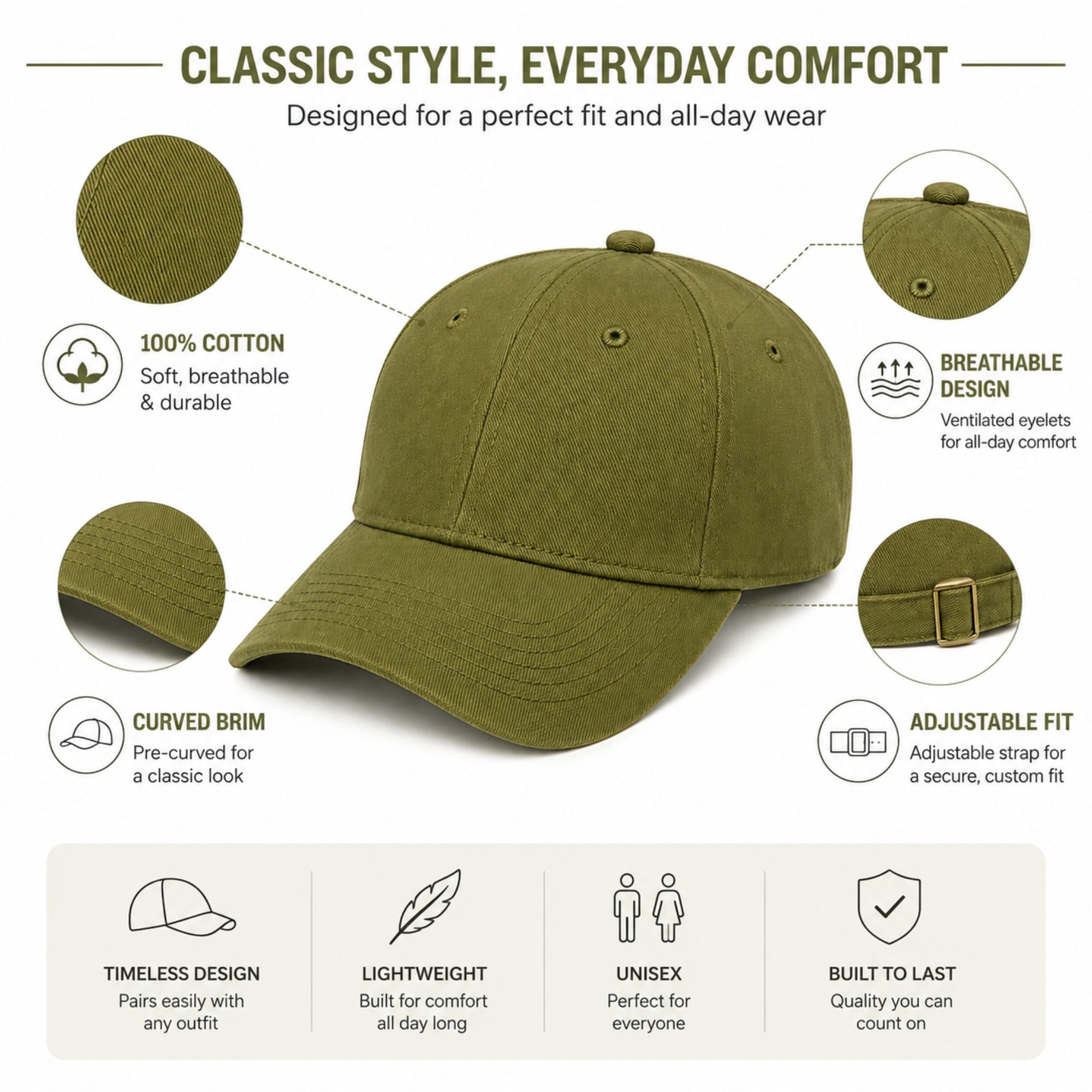 Unisex Classic Cotton Baseball Cap with Adjustable Strap