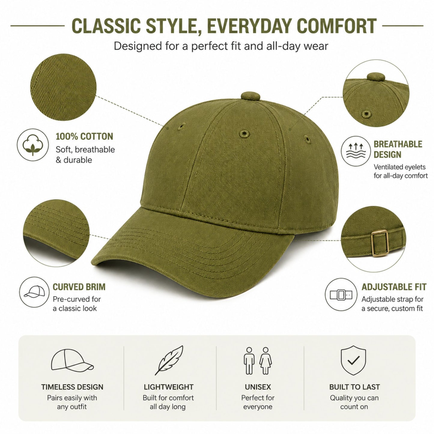 Unisex Classic Cotton Baseball Cap with Adjustable Strap
